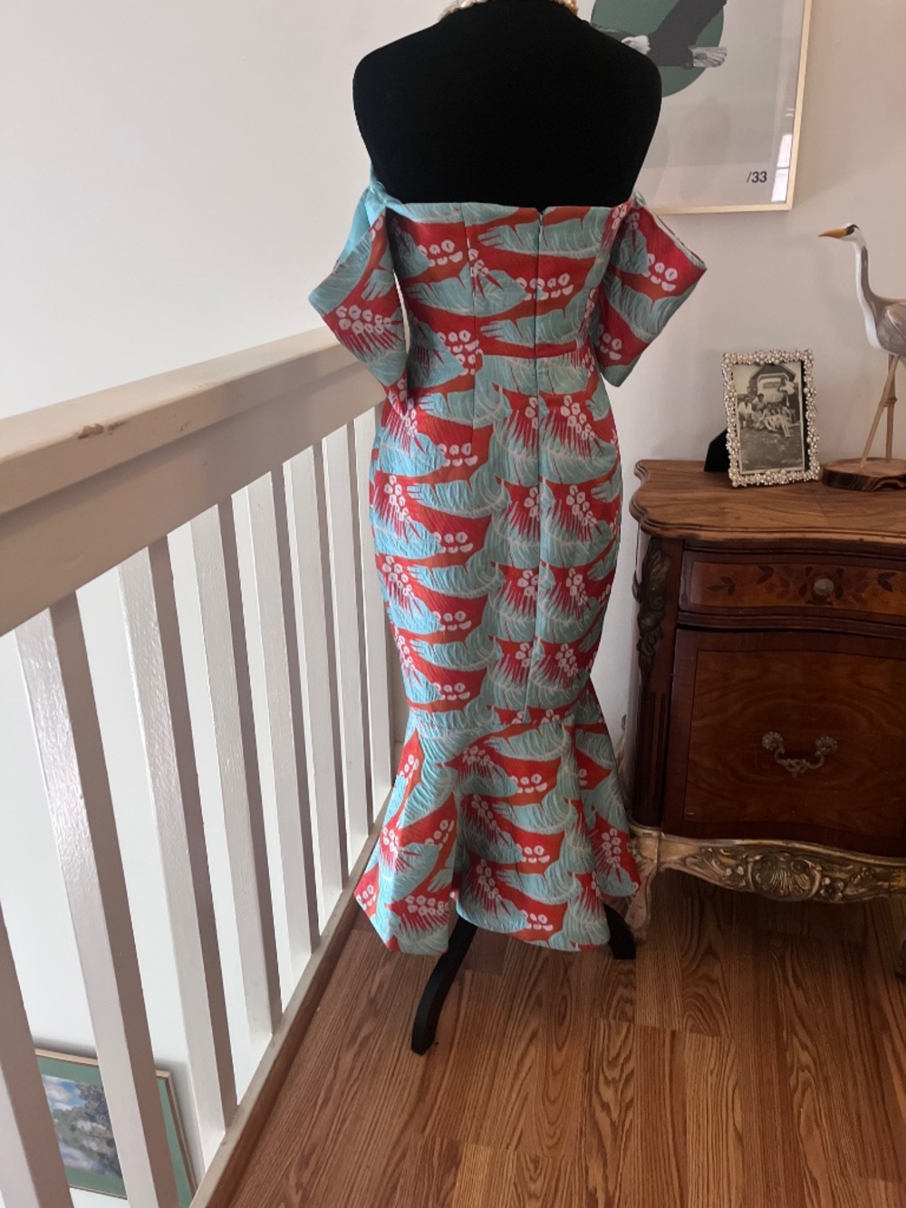 ASOS Tropical Leaf Jacquard Off Shoulder Mermaid Midi Dress Coral Turqoise Sz 4 - Picture 11 of 16
